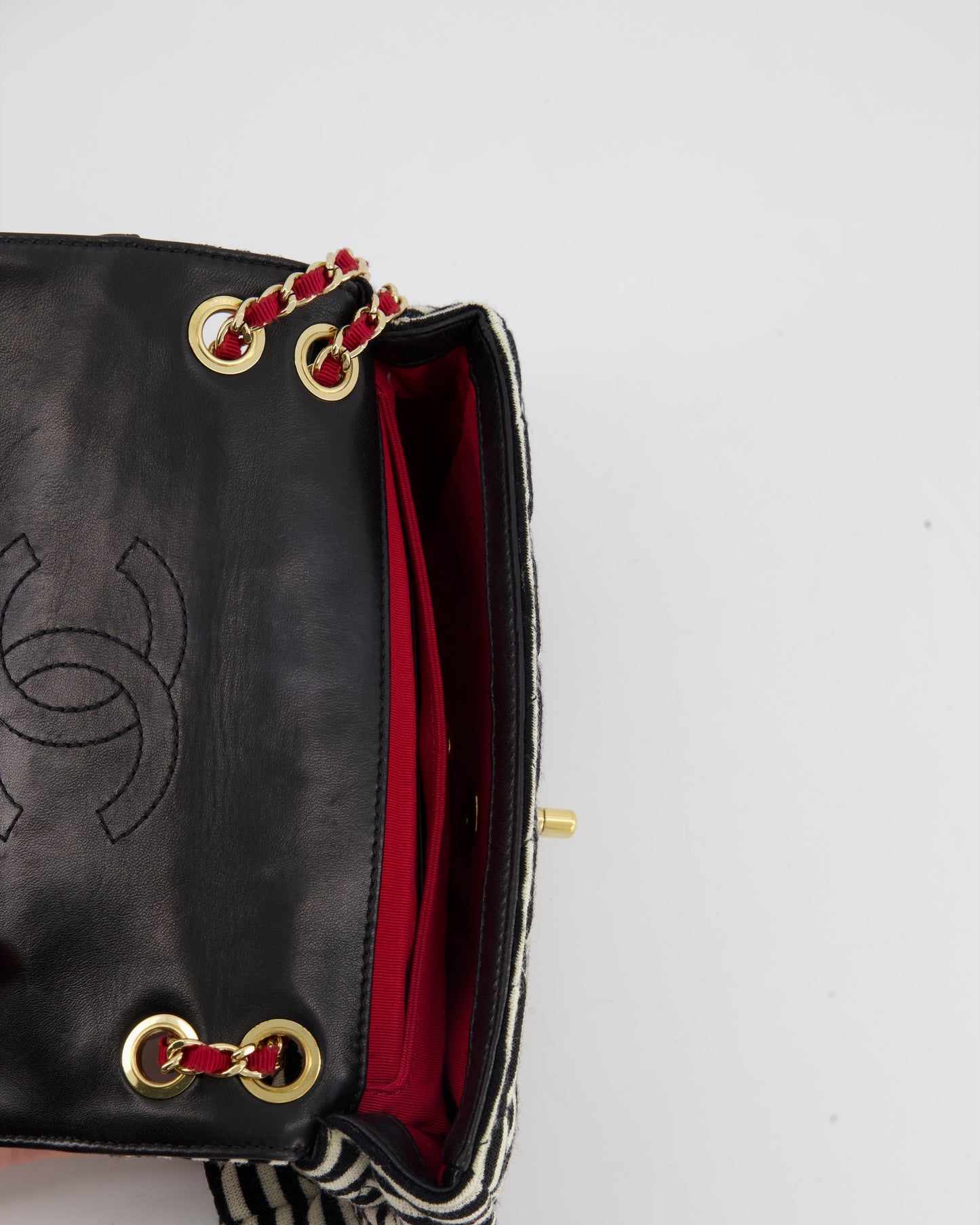 Chanel Black and White Mini Rectangular Jersey Single Flap Bag with Red Chain Detail and Gold Hardware