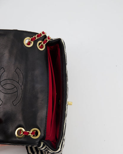 Chanel Black and White Mini Rectangular Jersey Single Flap Bag with Red Chain Detail and Gold Hardware