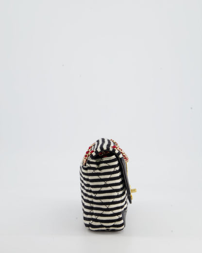 Chanel Black and White Mini Rectangular Jersey Single Flap Bag with Red Chain Detail and Gold Hardware