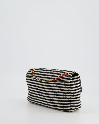 Chanel Black and White Mini Rectangular Jersey Single Flap Bag with Red Chain Detail and Gold Hardware