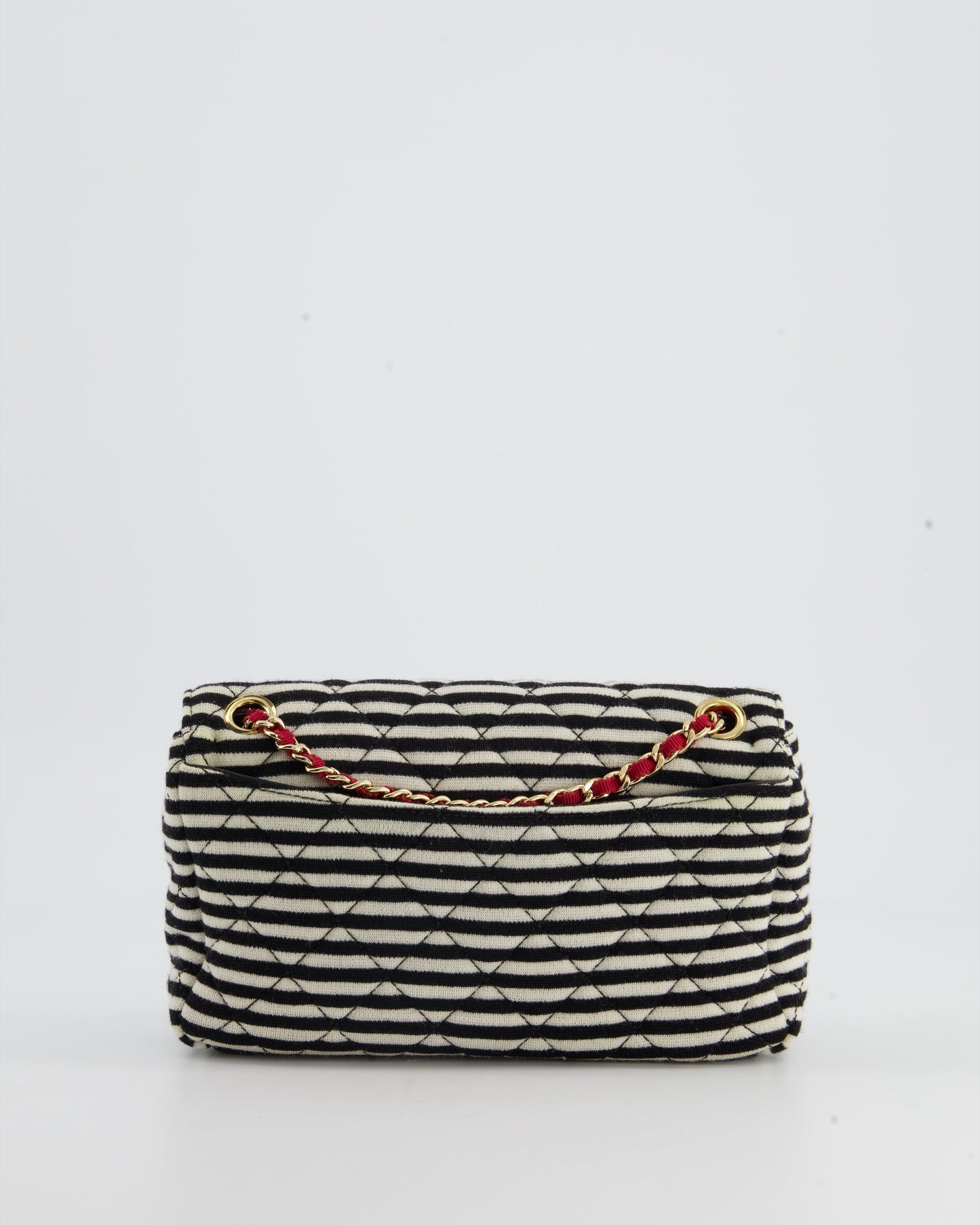 Chanel Black and White Mini Rectangular Jersey Single Flap Bag with Red Chain Detail and Gold Hardware
