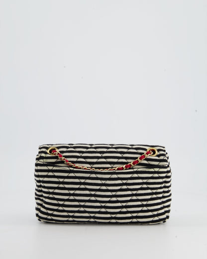 Chanel Black and White Mini Rectangular Jersey Single Flap Bag with Red Chain Detail and Gold Hardware