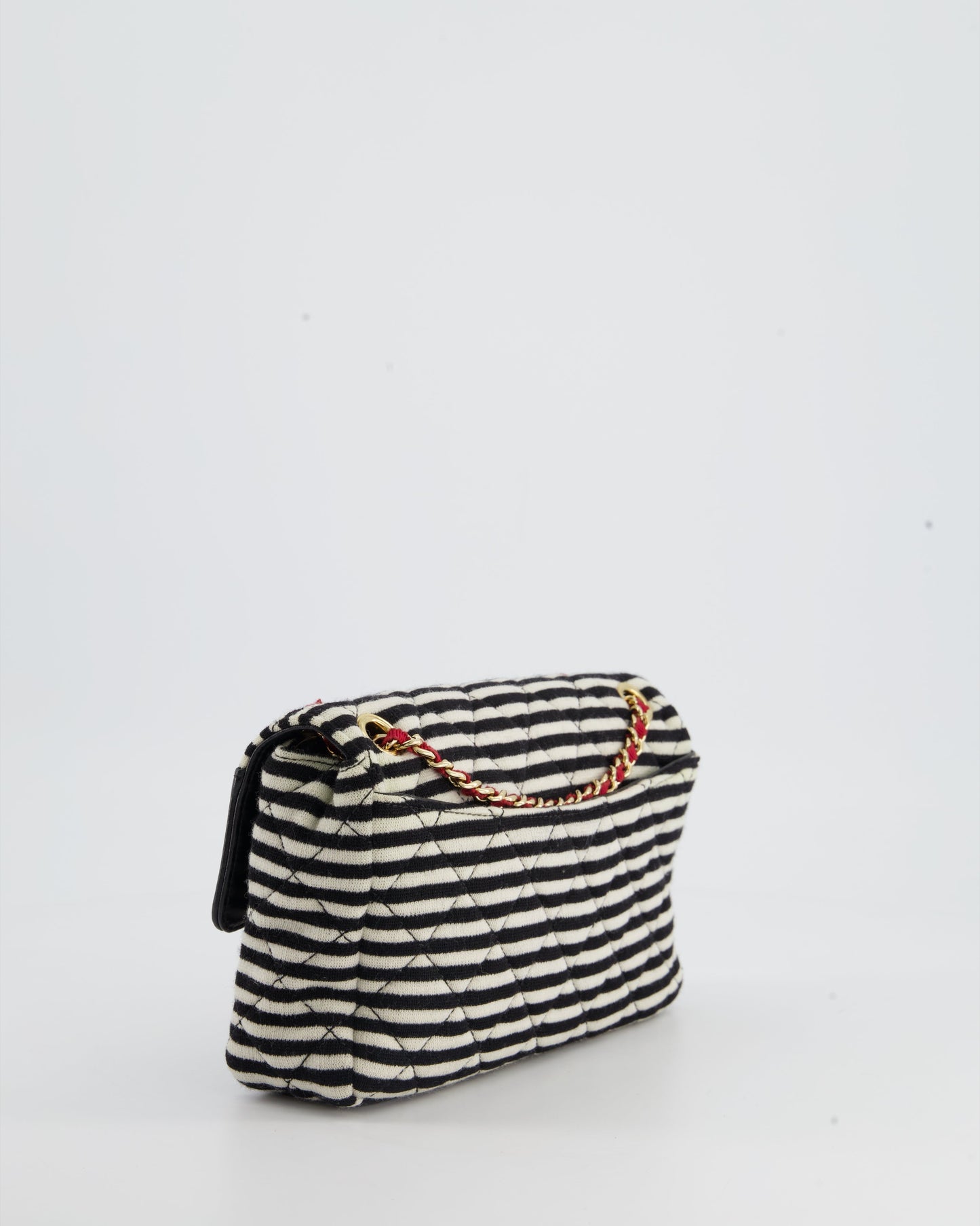 Chanel Black and White Mini Rectangular Jersey Single Flap Bag with Red Chain Detail and Gold Hardware