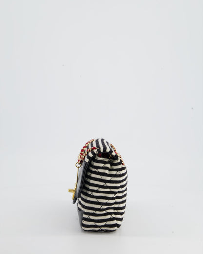 Chanel Black and White Mini Rectangular Jersey Single Flap Bag with Red Chain Detail and Gold Hardware