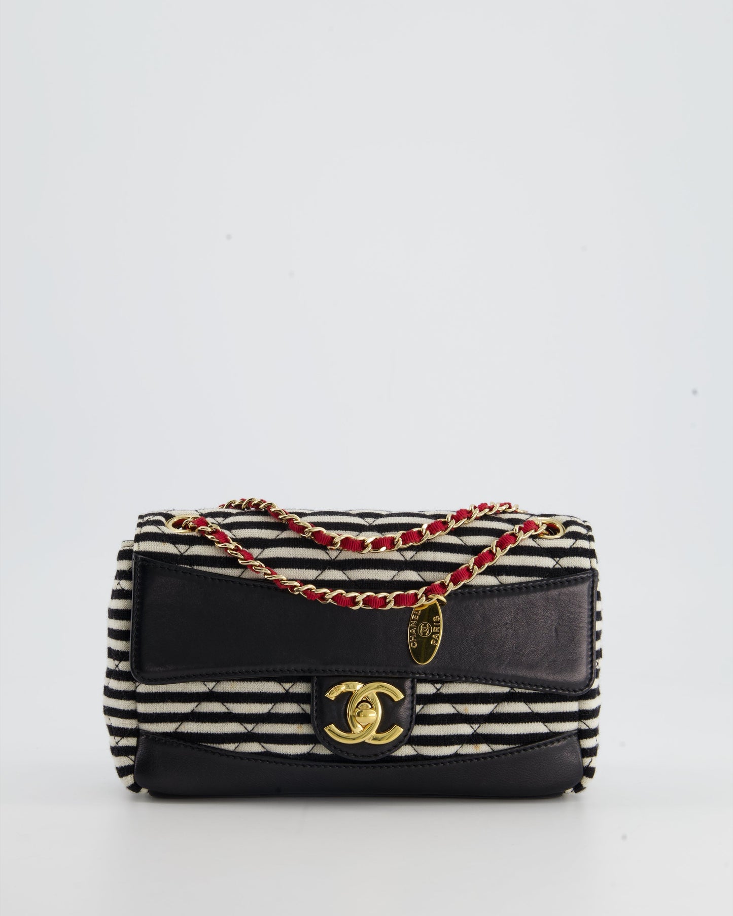 Chanel Black and White Mini Rectangular Jersey Single Flap Bag with Red Chain Detail and Gold Hardware