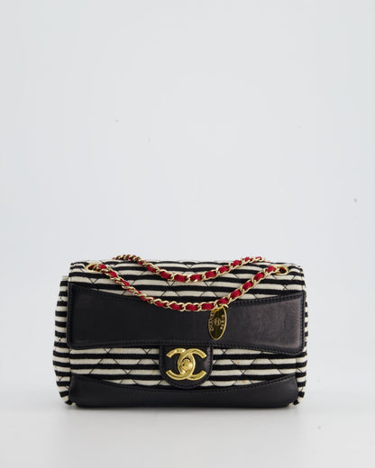 Chanel Black and White Mini Rectangular Jersey Single Flap Bag with Red Chain Detail and Gold Hardware