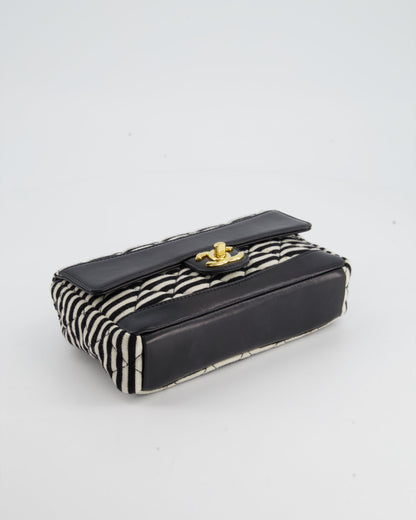 Chanel Black and White Mini Rectangular Jersey Single Flap Bag with Red Chain Detail and Gold Hardware