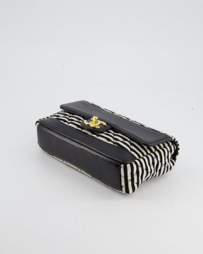Chanel Black and White Mini Rectangular Jersey Single Flap Bag with Red Chain Detail and Gold Hardware