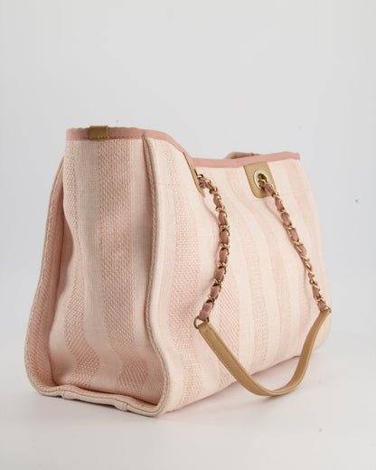 Chanel Small Pink Stripe Canvas Deauville Tote Bag with Logo Print and Champagne Gold Hardware
