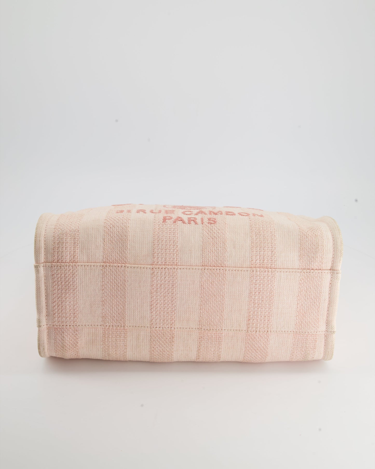 Chanel Small Pink Stripe Canvas Deauville Tote Bag with Logo Print and Champagne Gold Hardware