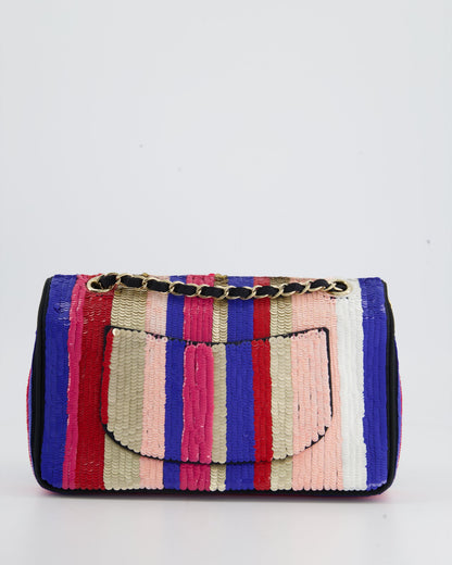 Chanel Multi-Colour Sequin Stripe Medium Double Flap Bag with Champagne Gold Hardware