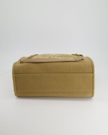 Chanel Dark Beige Canvas Small Deauville Tote Bag with CC Logo Print and Champagne Gold Hardware