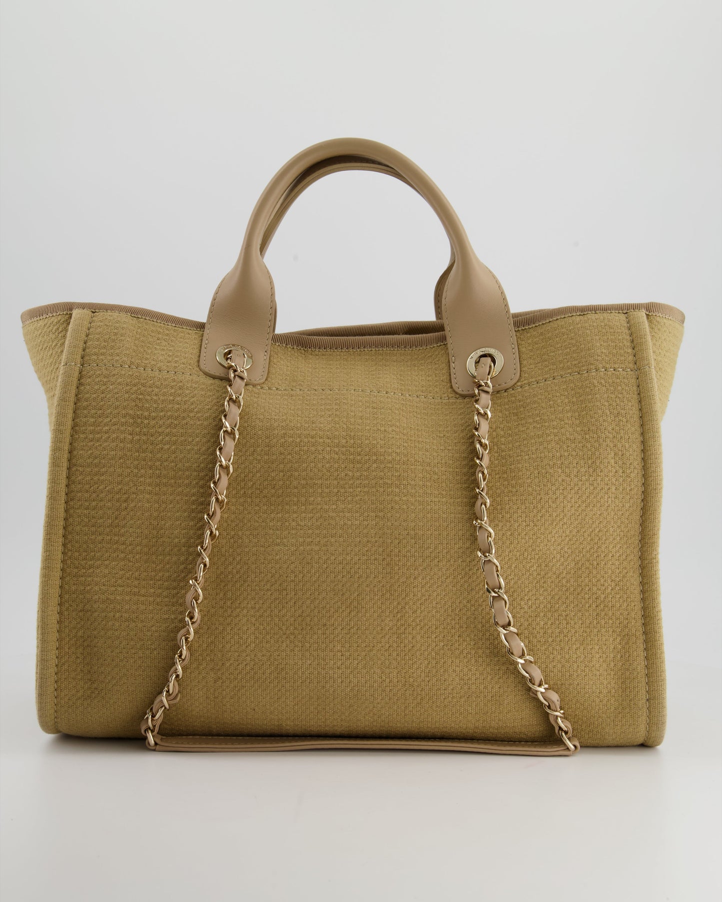 Chanel Dark Beige Canvas Small Deauville Tote Bag with CC Logo Print and Champagne Gold Hardware