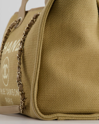 Chanel Dark Beige Canvas Small Deauville Tote Bag with CC Logo Print and Champagne Gold Hardware