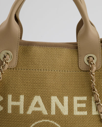 Chanel Dark Beige Canvas Small Deauville Tote Bag with CC Logo Print and Champagne Gold Hardware