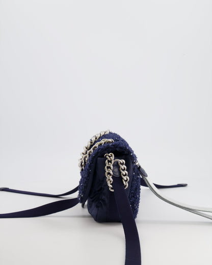Chanel Navy Sequin Tweed and Nylon Astronaut Flap Bag with Silver Hardware