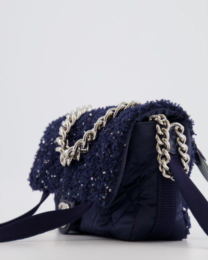 Chanel Navy Sequin Tweed and Nylon Astronaut Flap Bag with Silver Hardware