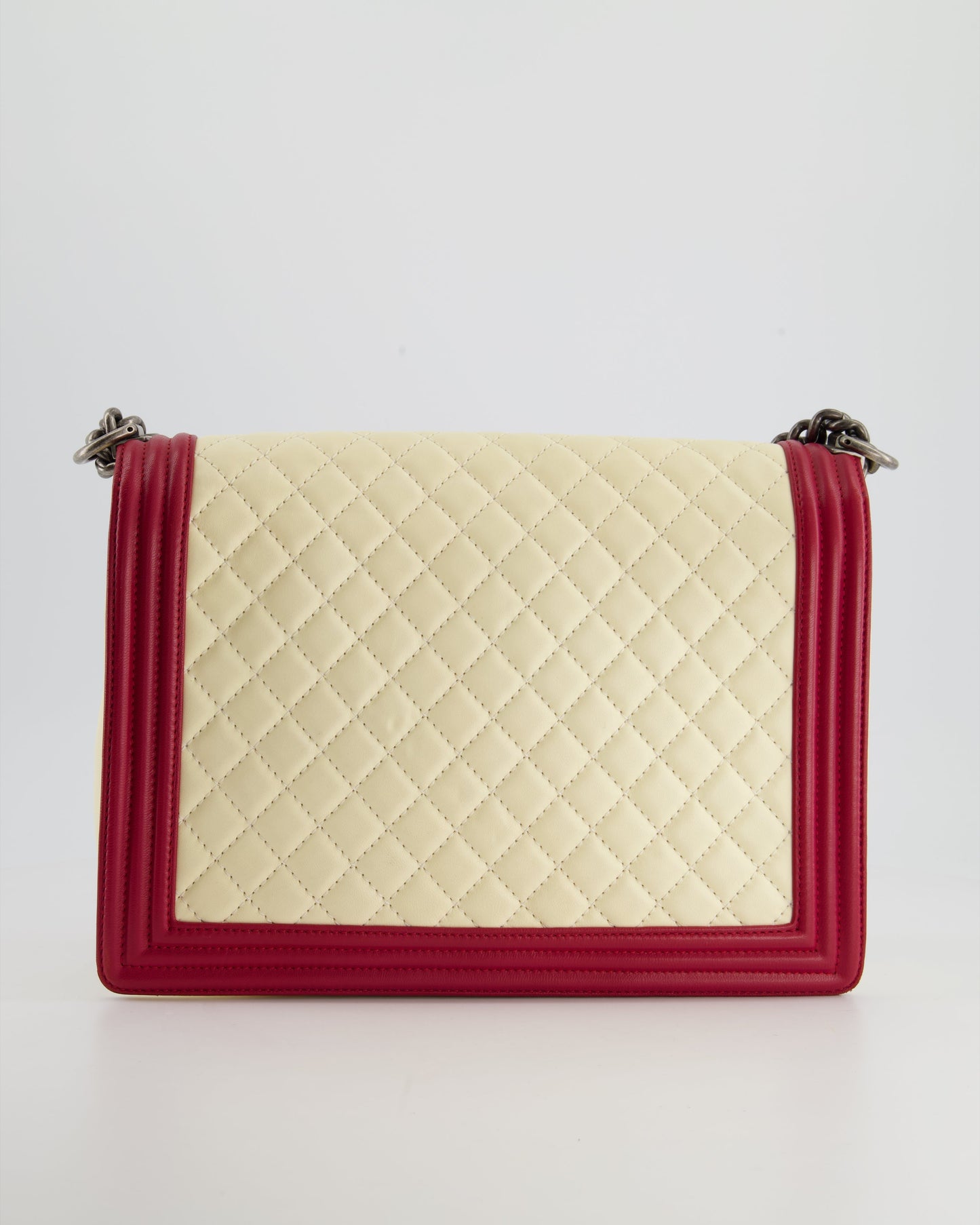 Chanel Cream and Red Large Boy Bag in Lambskin Leather with Ruthenium Hardware