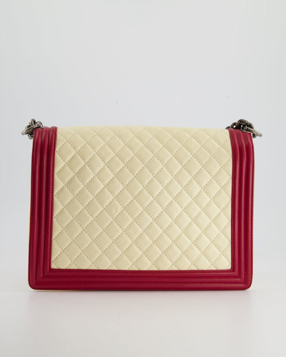 Chanel Cream and Red Large Boy Bag in Lambskin Leather with Ruthenium Hardware