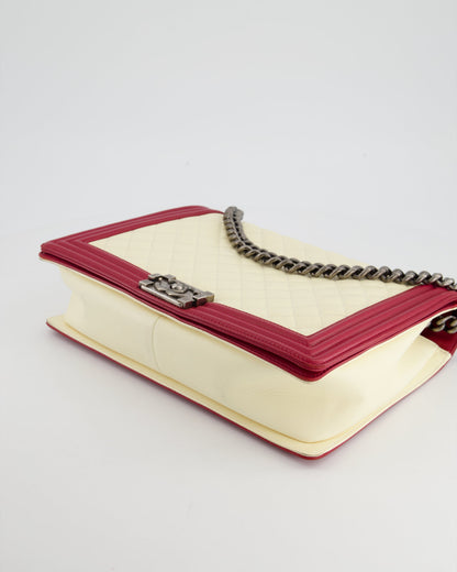 Chanel Cream and Red Large Boy Bag in Lambskin Leather with Ruthenium Hardware