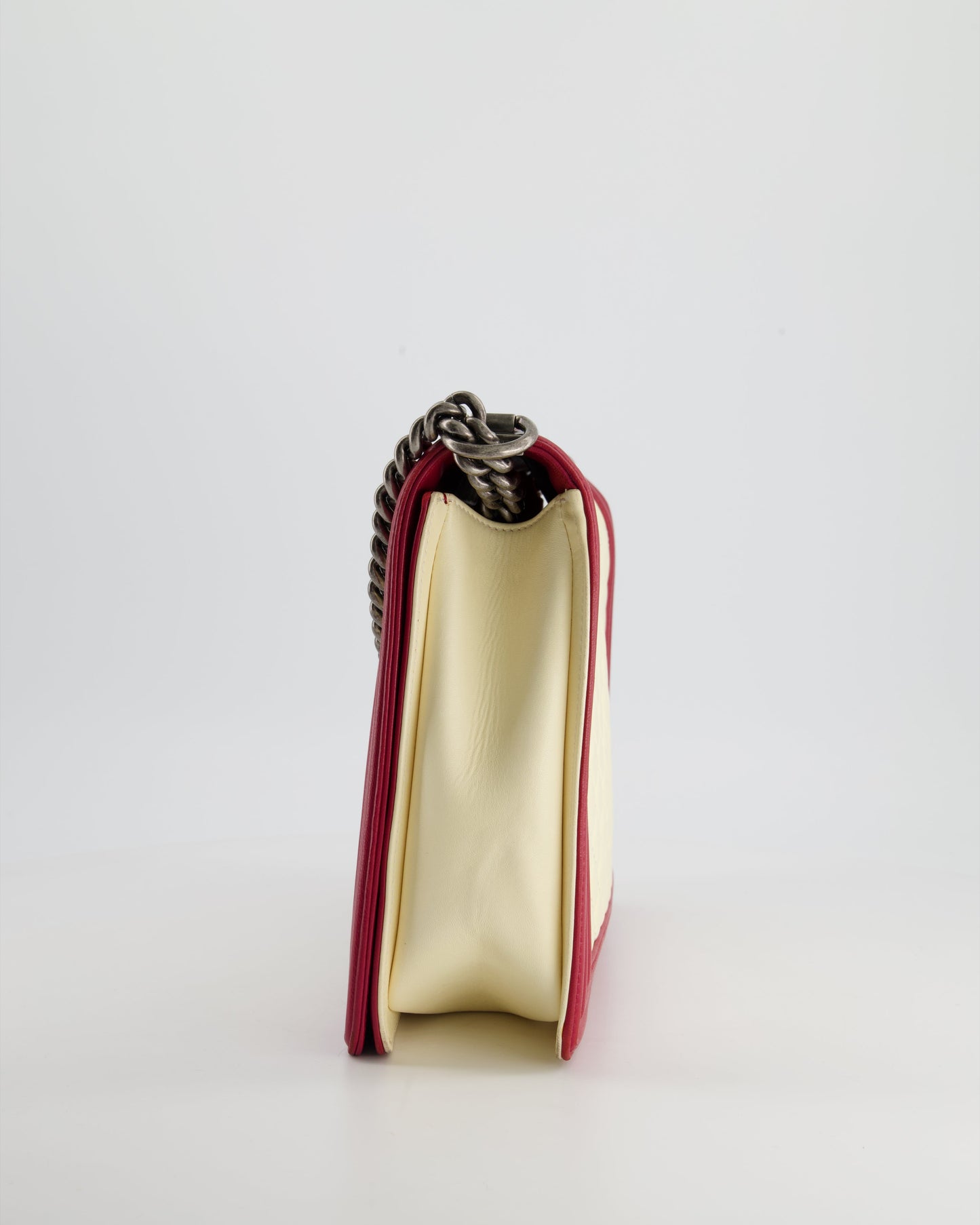 Chanel Cream and Red Large Boy Bag in Lambskin Leather with Ruthenium Hardware