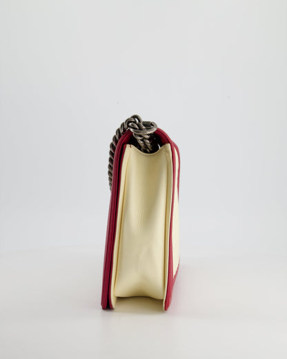 Chanel Cream and Red Large Boy Bag in Lambskin Leather with Ruthenium Hardware