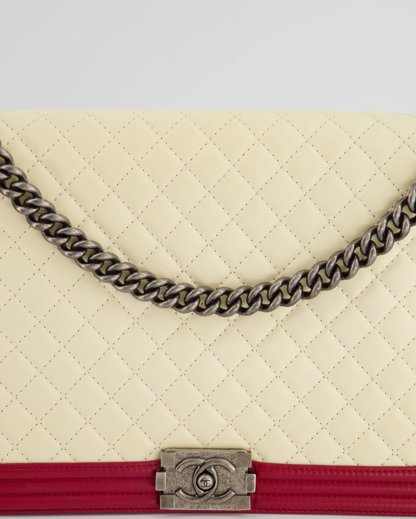 Chanel Cream and Red Large Boy Bag in Lambskin Leather with Ruthenium Hardware