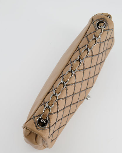 Chanel Beige East West Single Flap Bag in Lambskin Leather with Silver Quilted Chain Detail