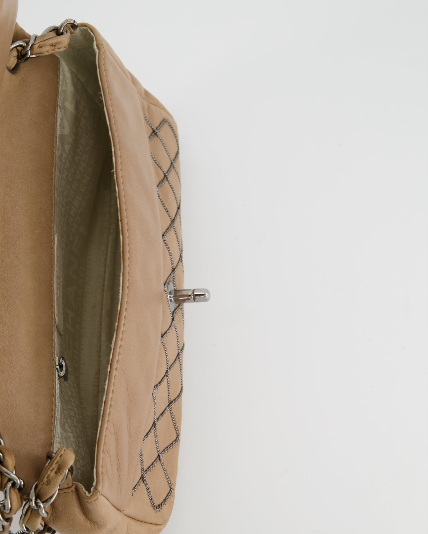 Chanel Beige East West Single Flap Bag in Lambskin Leather with Silver Quilted Chain Detail
