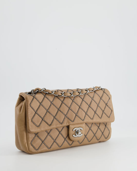 Chanel Beige East West Single Flap Bag in Lambskin Leather with Silver Quilted Chain Detail