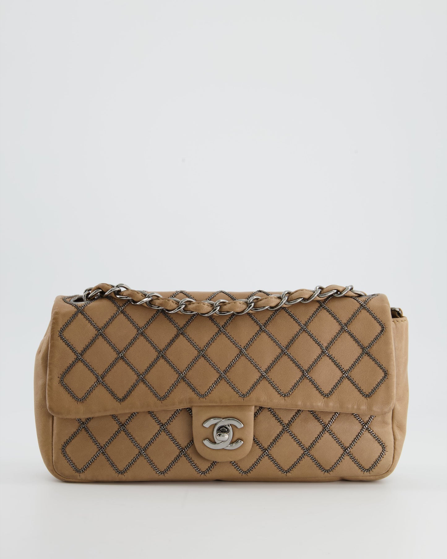 Chanel Beige East West Single Flap Bag in Lambskin Leather with Silver Quilted Chain Detail