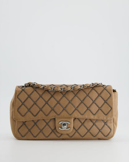 Chanel Beige East West Single Flap Bag in Lambskin Leather with Silver Quilted Chain Detail