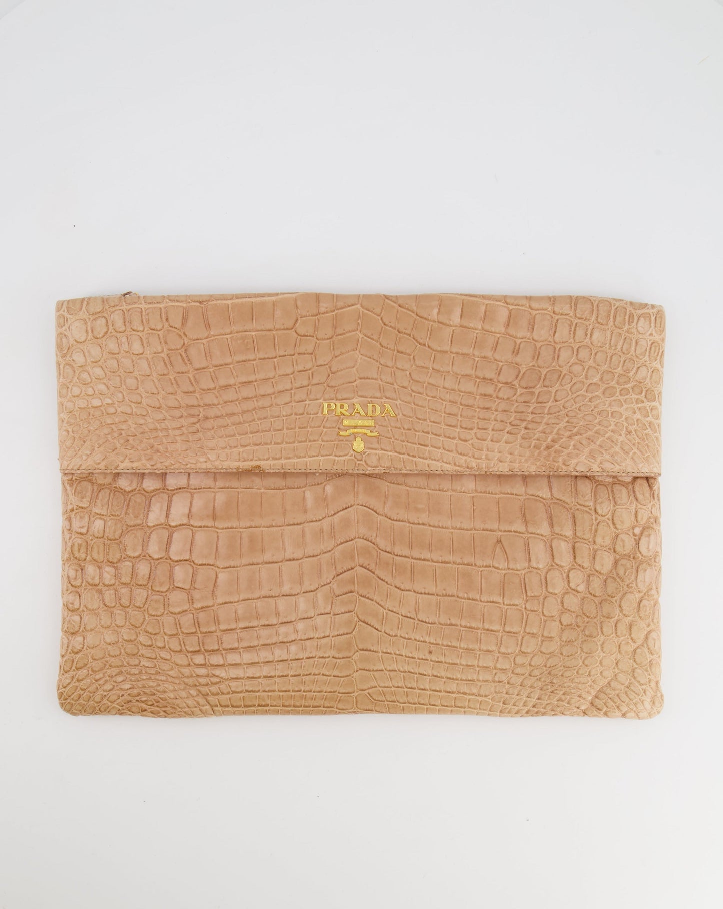 Prada Beige Crocodile Large Pouch Bag with Gold Hardware