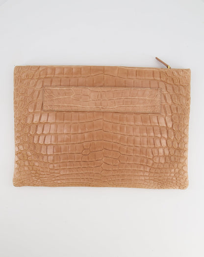 Prada Beige Crocodile Large Pouch Bag with Gold Hardware