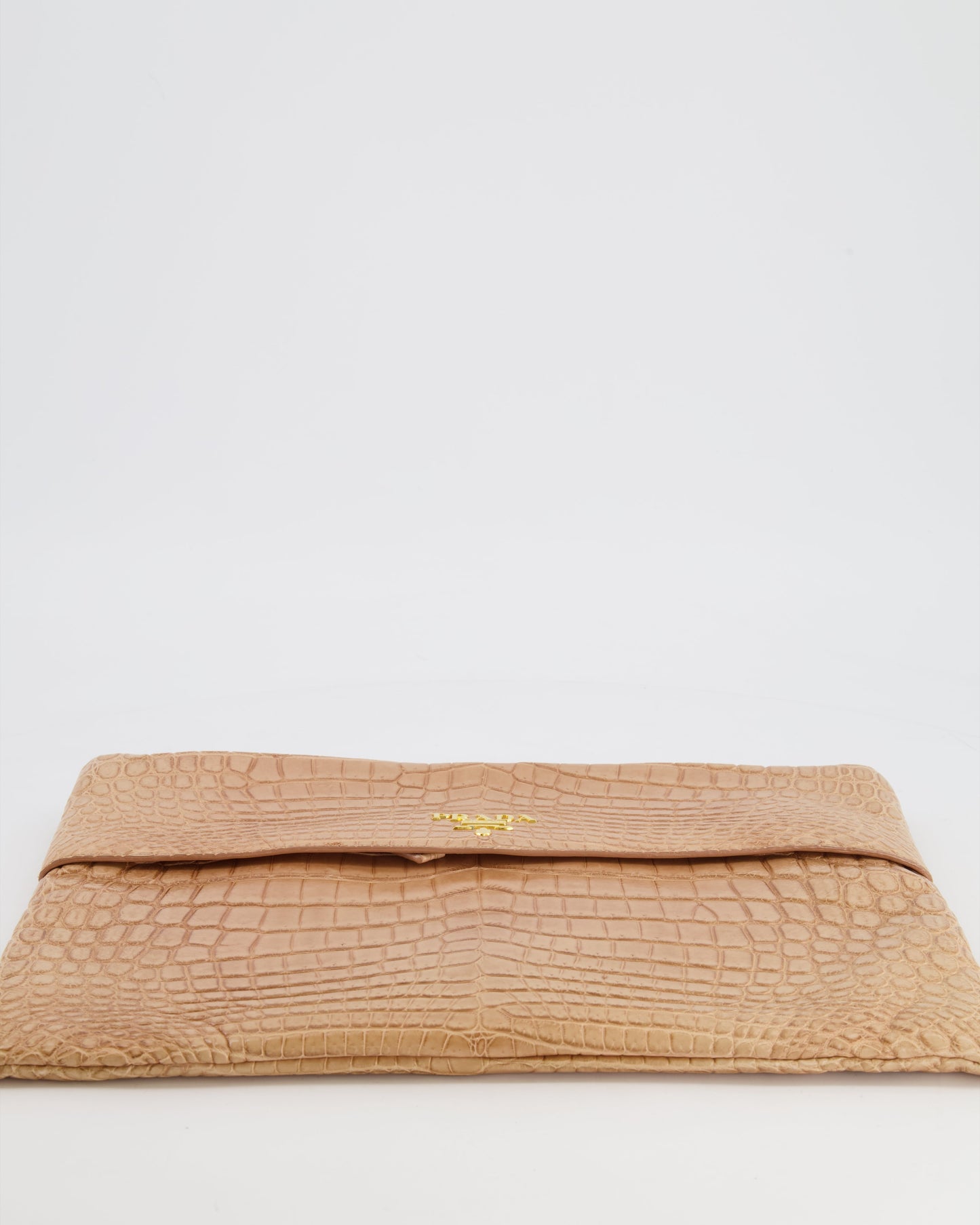 Prada Beige Crocodile Large Pouch Bag with Gold Hardware