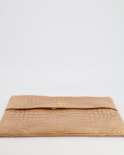 Prada Beige Crocodile Large Pouch Bag with Gold Hardware