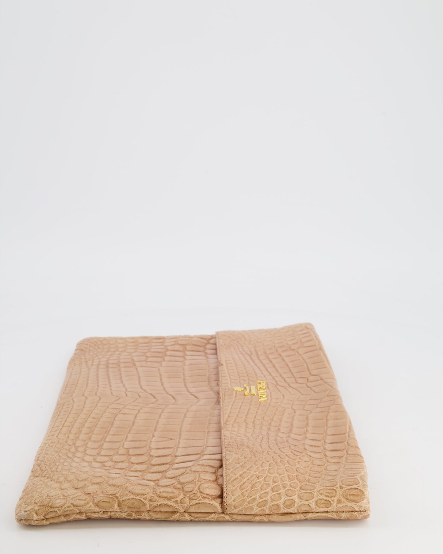 Prada Beige Crocodile Large Pouch Bag with Gold Hardware