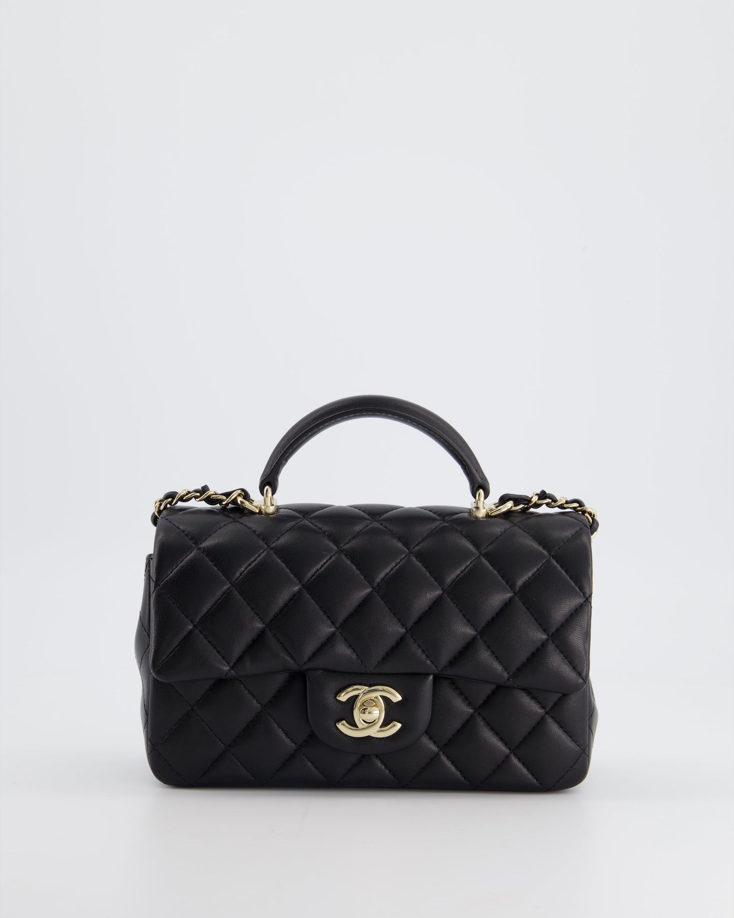 Chanel Black Mini Rectangular Top Handle Flap Bag in Lambskin with Champagne Gold Hardware