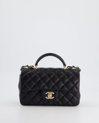 Chanel Black Mini Rectangular Top Handle Flap Bag in Lambskin with Champagne Gold Hardware