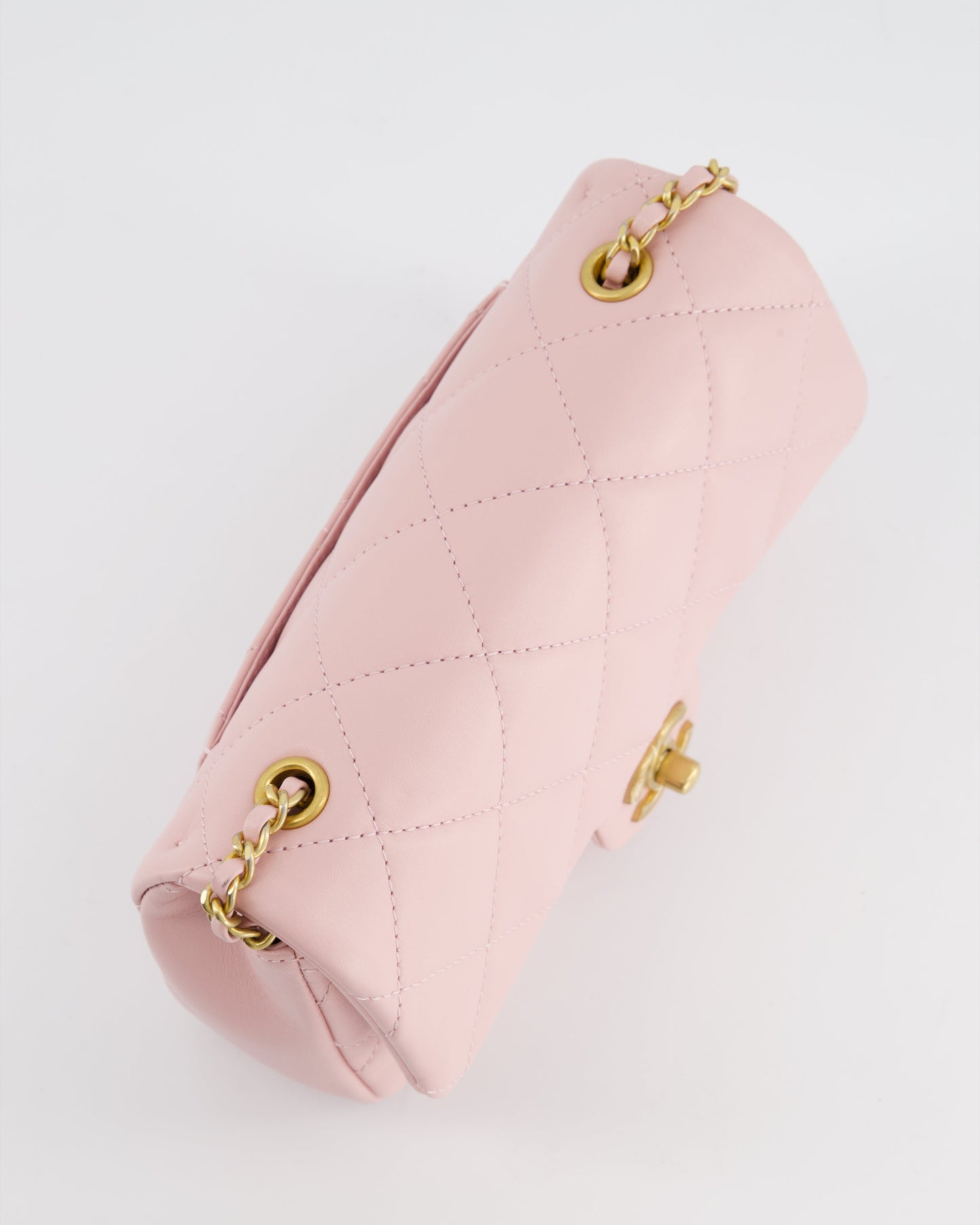 Chanel Pink 22B Mini Flap Bag in Lambskin Leather with Gold Hardware and Hearts Chain Detail