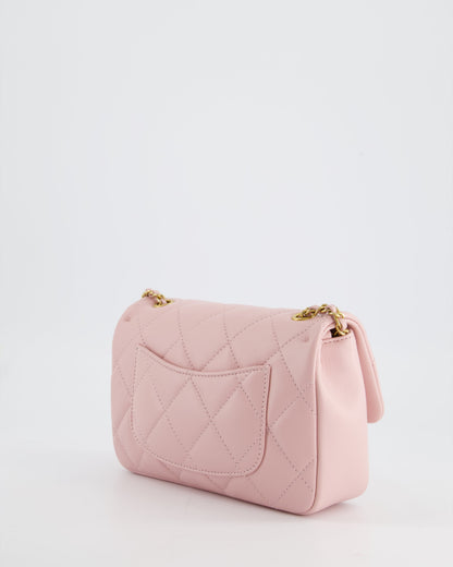 Chanel Pink 22B Mini Flap Bag in Lambskin Leather with Gold Hardware and Hearts Chain Detail