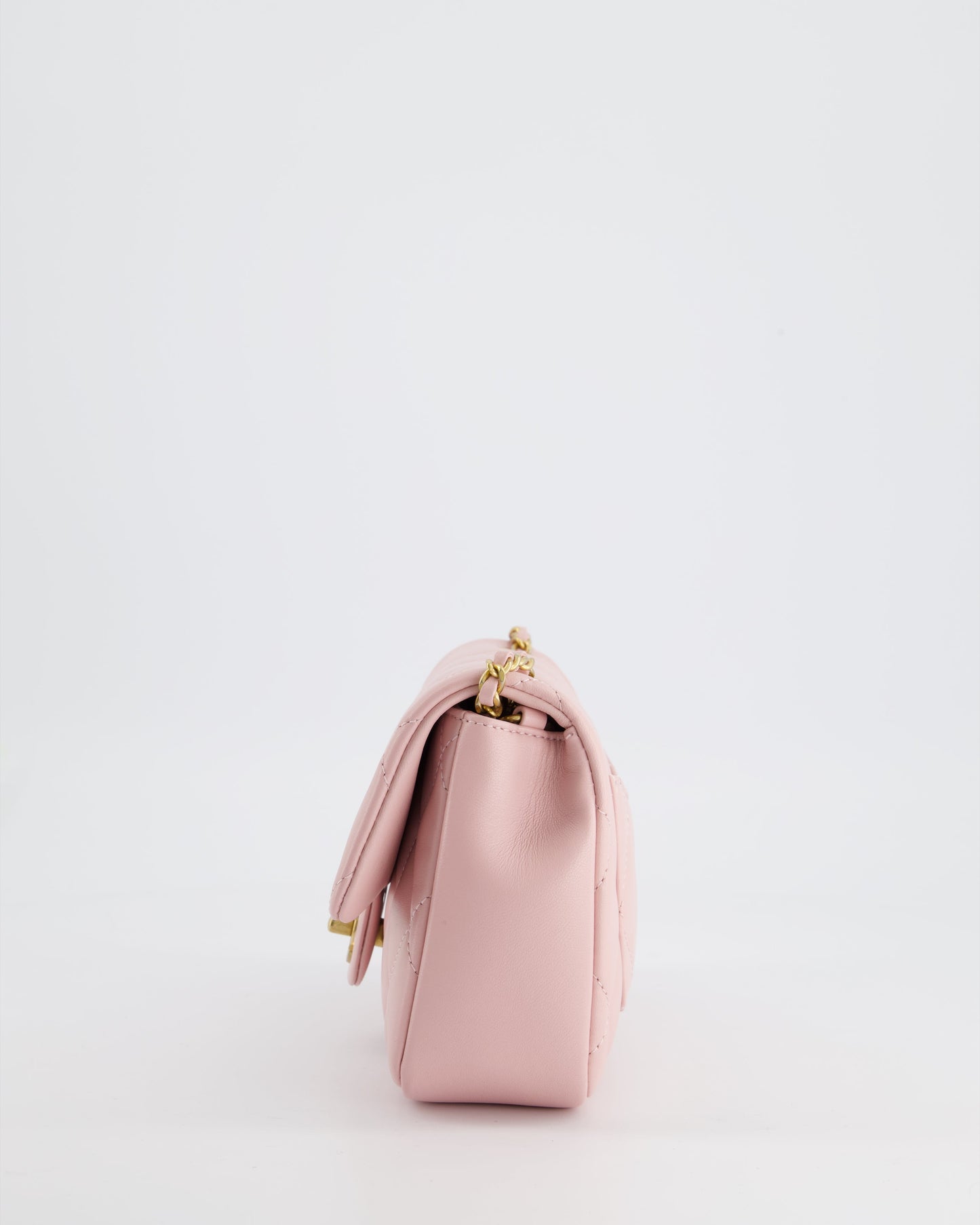 Chanel Pink 22B Mini Flap Bag in Lambskin Leather with Gold Hardware and Hearts Chain Detail