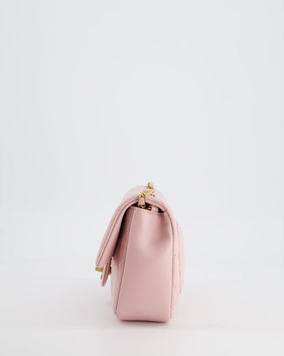 Chanel Pink 22B Mini Flap Bag in Lambskin Leather with Gold Hardware and Hearts Chain Detail