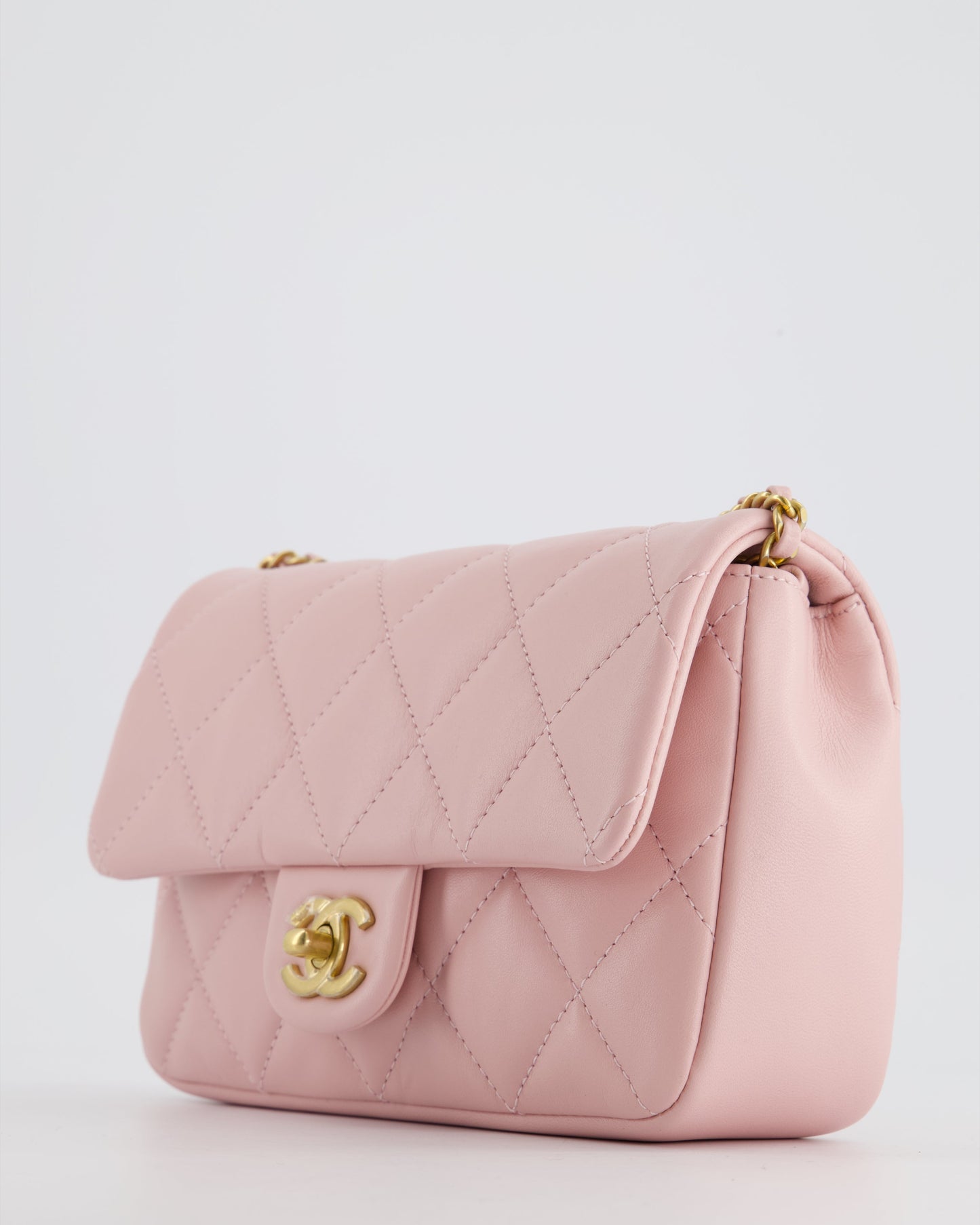 Chanel Pink 22B Mini Flap Bag in Lambskin Leather with Gold Hardware and Hearts Chain Detail