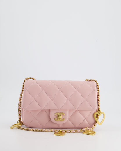 Chanel Pink 22B Mini Flap Bag in Lambskin Leather with Gold Hardware and Hearts Chain Detail