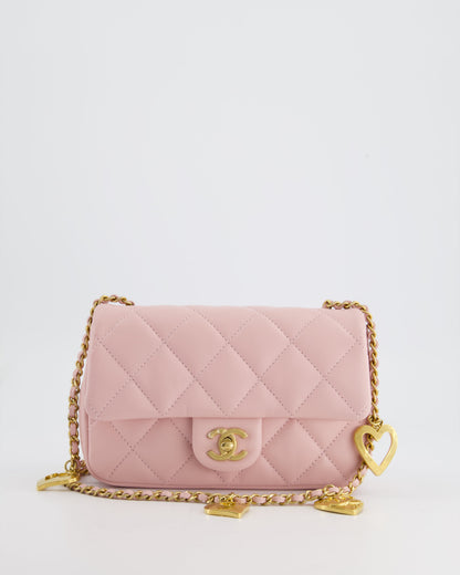 Chanel Pink 22B Mini Flap Bag in Lambskin Leather with Gold Hardware and Hearts Chain Detail