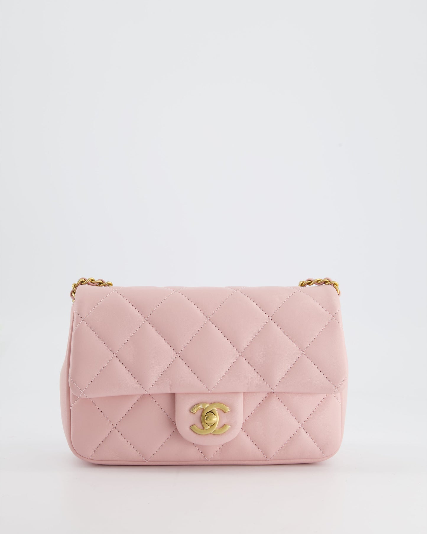 Chanel Pink 22B Mini Flap Bag in Lambskin Leather with Gold Hardware and Hearts Chain Detail