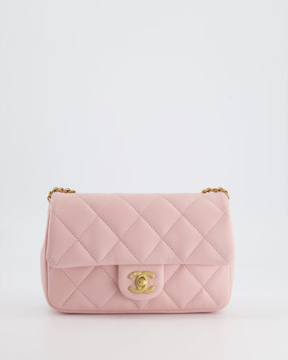 Chanel Pink 22B Mini Flap Bag in Lambskin Leather with Gold Hardware and Hearts Chain Detail