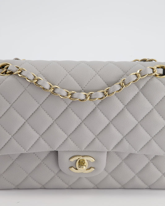 Chanel Medium Dove Grey Classic Double Flap in Caviar Leather with Champagne Gold Hardware