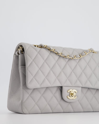 Chanel Medium Dove Grey Classic Double Flap in Caviar Leather with Champagne Gold Hardware